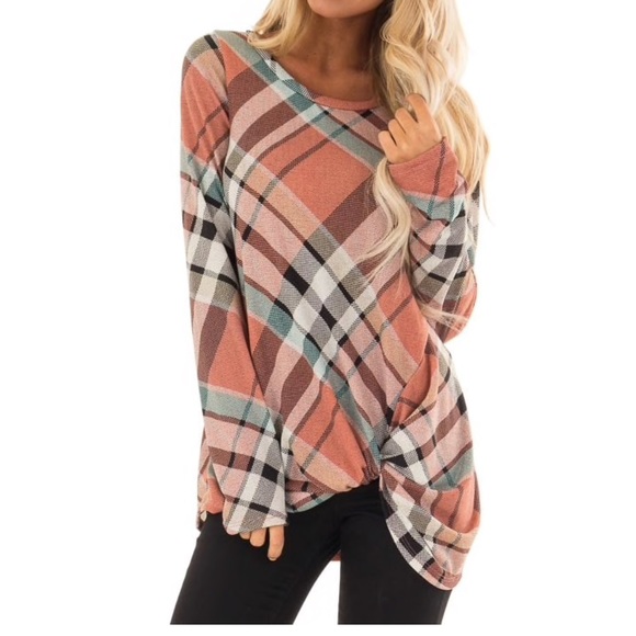 SwankStyles Tops - ✅Peach & Aqua Plaid Long Sleeve Top w/ Twist